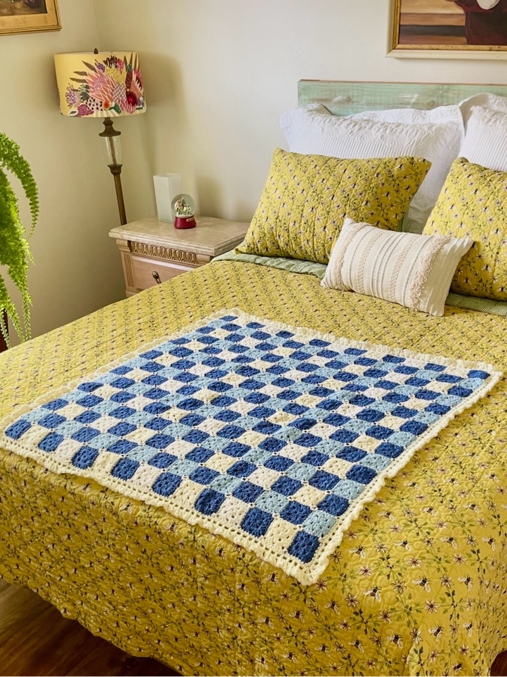 Handmade Crochet Checkerboard Baby Blanket, Navy/Blue/White, Acrylic, 36” x 36” - Picture 5 of 7
